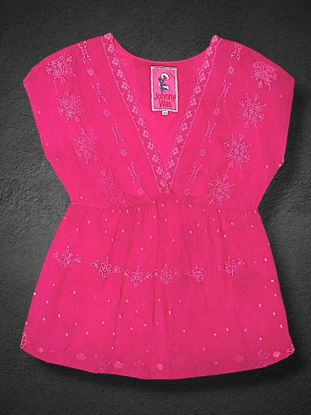 Johnny Was • Hot Pink Embroidered Eyelet Babydoll Top || XS
